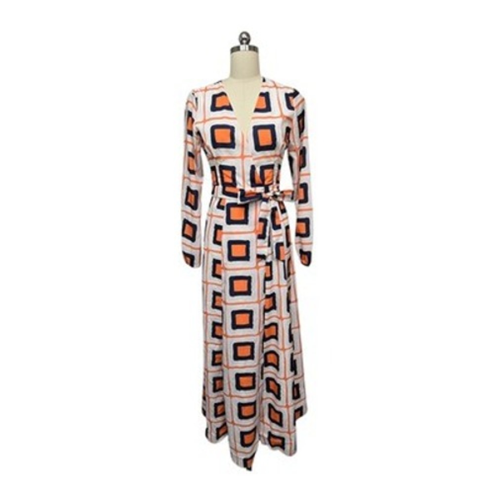 Hutch Wrap Maxi Dress Womens XS White Orange Geometric Long Sleeve Belted V Neck - Picture 2 of 12